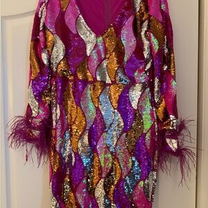 Vibrant Sequin Dress with Feather Accents